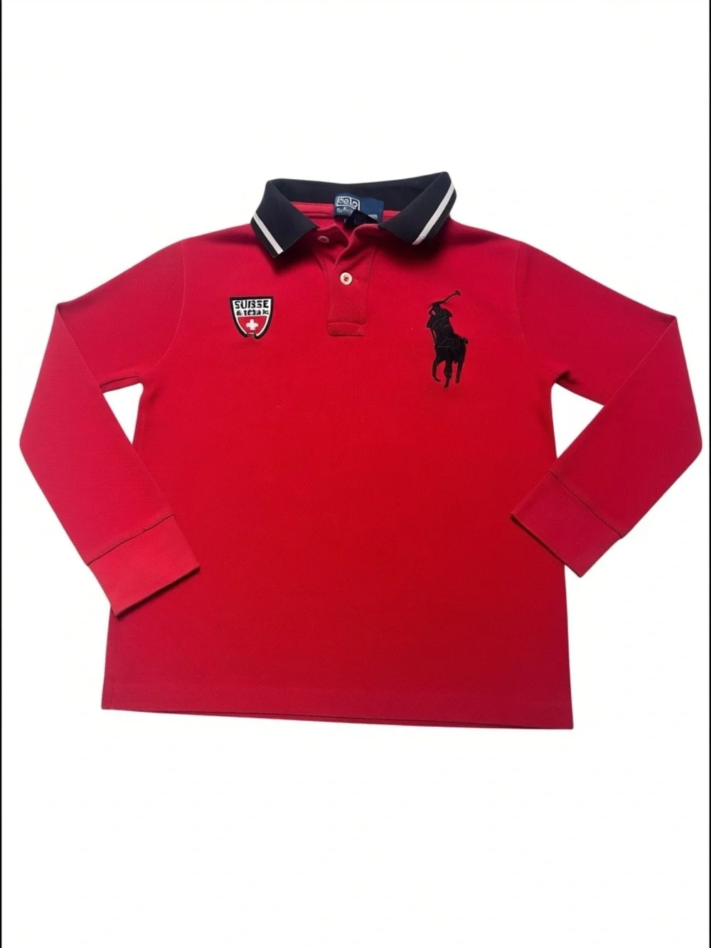 Polo Ralph Lauren Boys 7 Big Pony Suisse Crest Red Long Sleeve Polo Y2K
